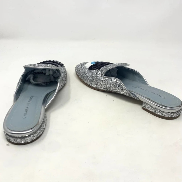 Chiara Ferragni Flirting Silver Glitter Beaded Flat‎ Mules Size 36 / US 6 - Picture 7 of 11